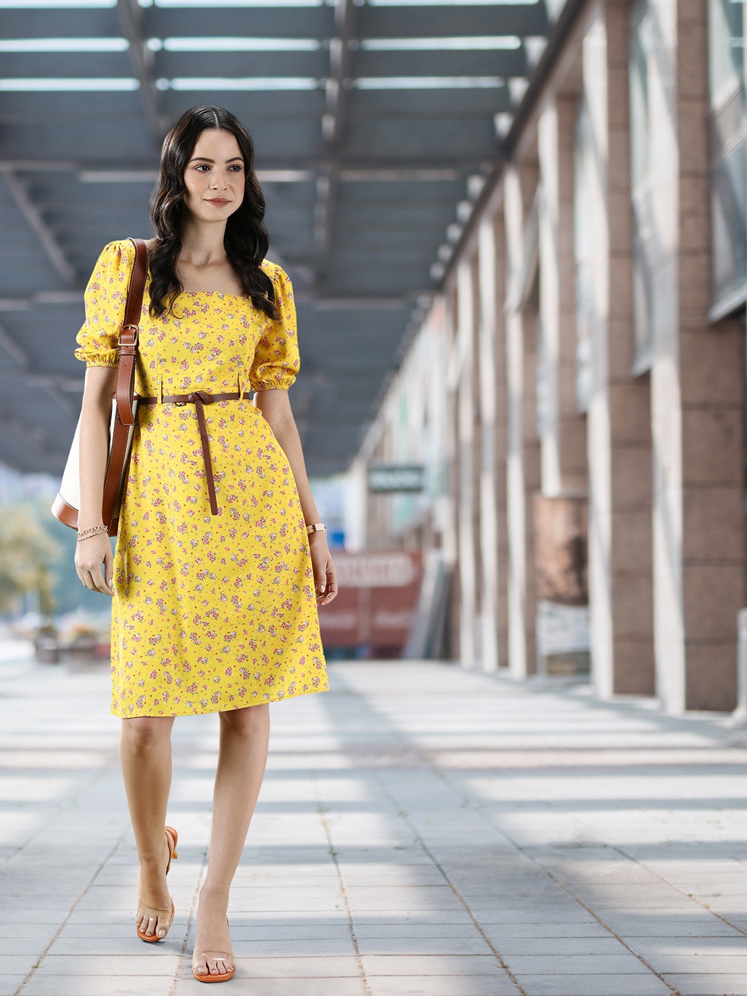 

her by invictus Bright Yellow Once Upon A Sleeve Floral Print Puff Sleeve A-Line Dress