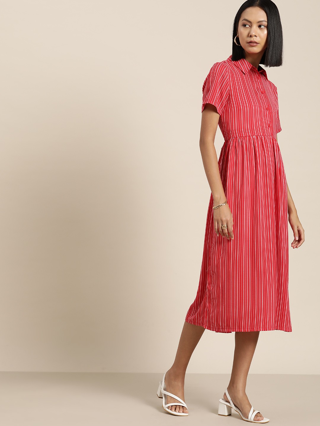 

her by invictus Striped Shirt Midi Dress, Red