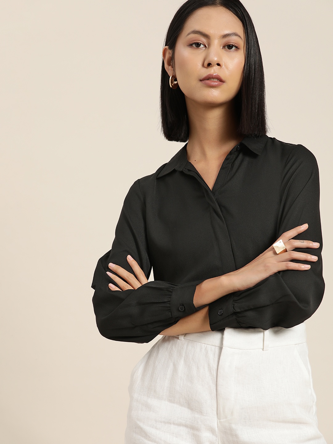 

her by invictus Spread Collar Gather Detail Casual Shirt, Black