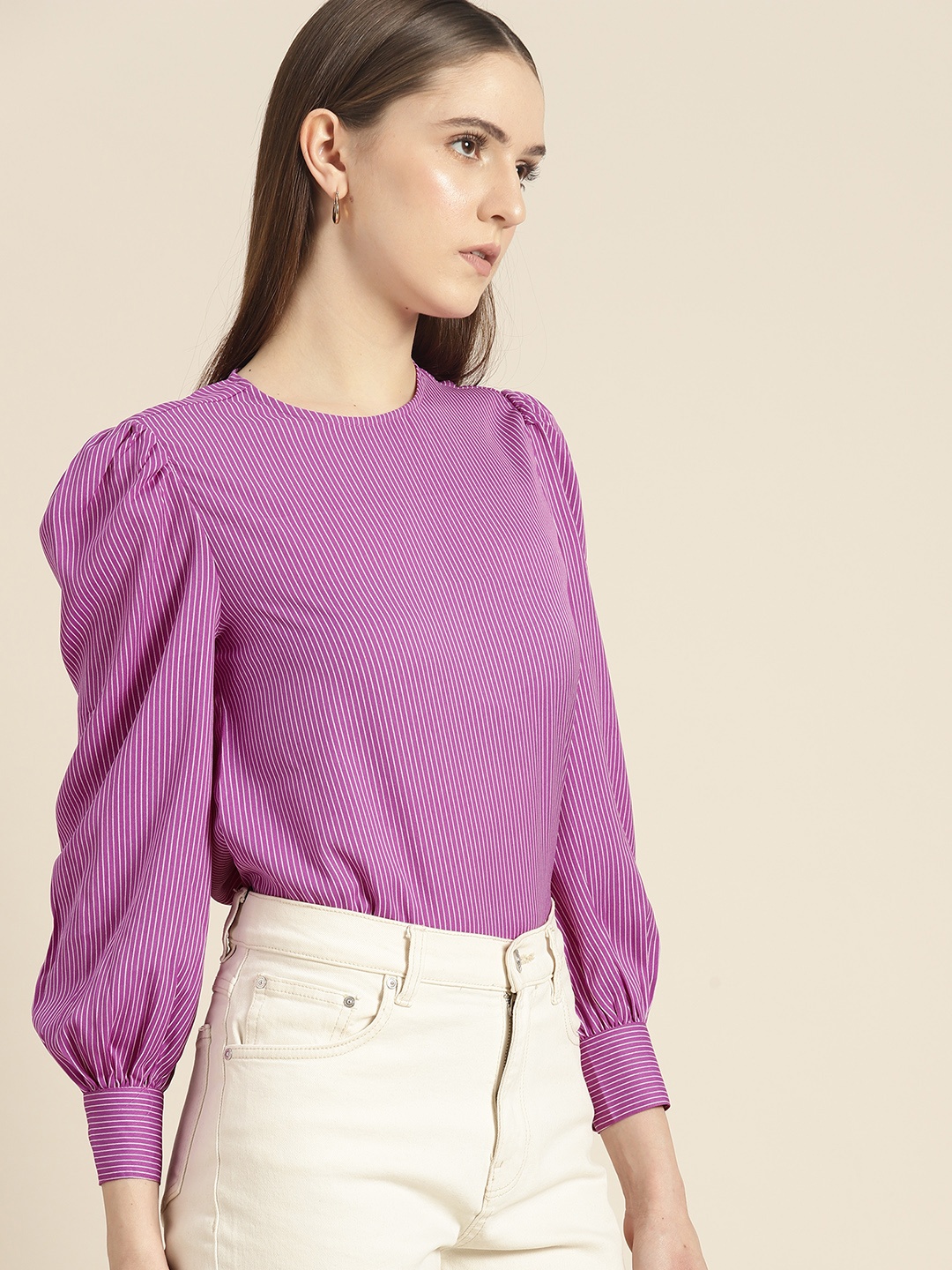 

her by invictus Striped Puff Sleeves Top, Purple