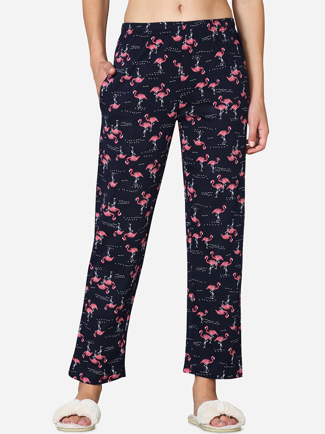 

VStar Women Navy Blue & Pink Printed Pure Cotton Lounge Pants
