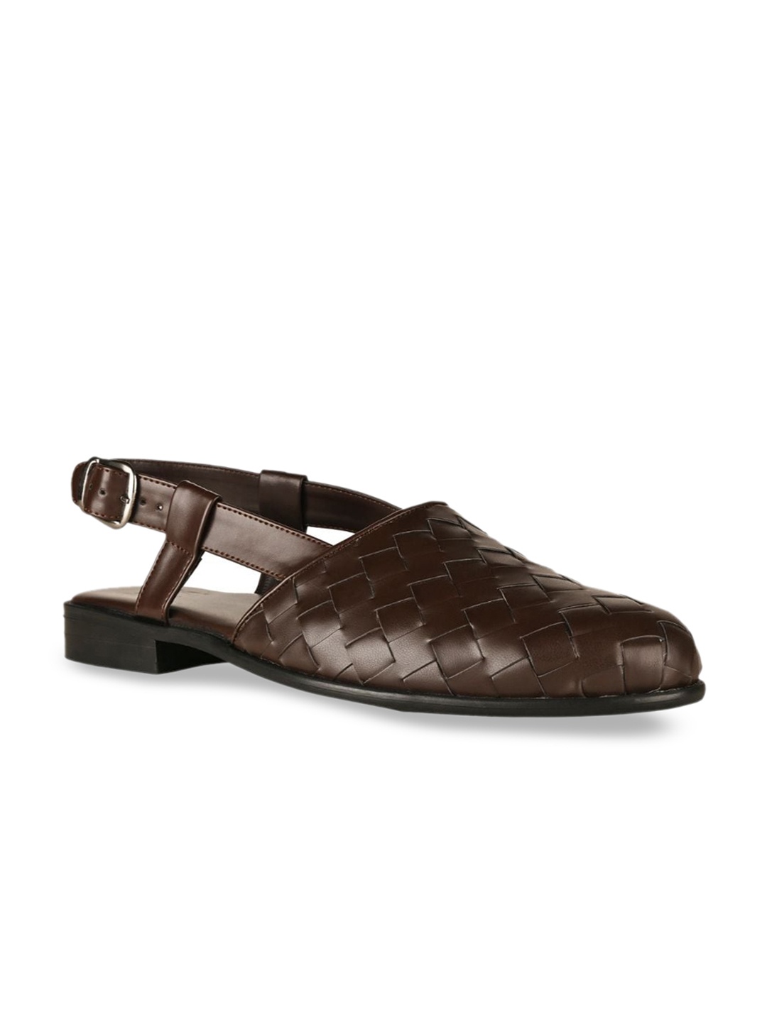 

SKO Men Brown Woven Design Leather Shoe-Style Sandals