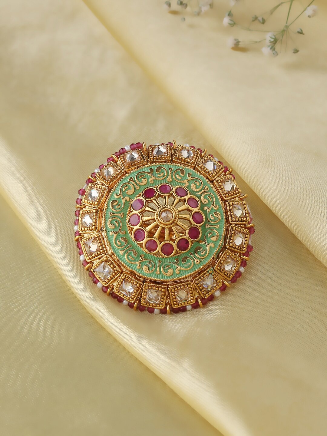 

VIRAASI Gold-Plated White & Green Kundan-Studded Enamelled Finger Ring