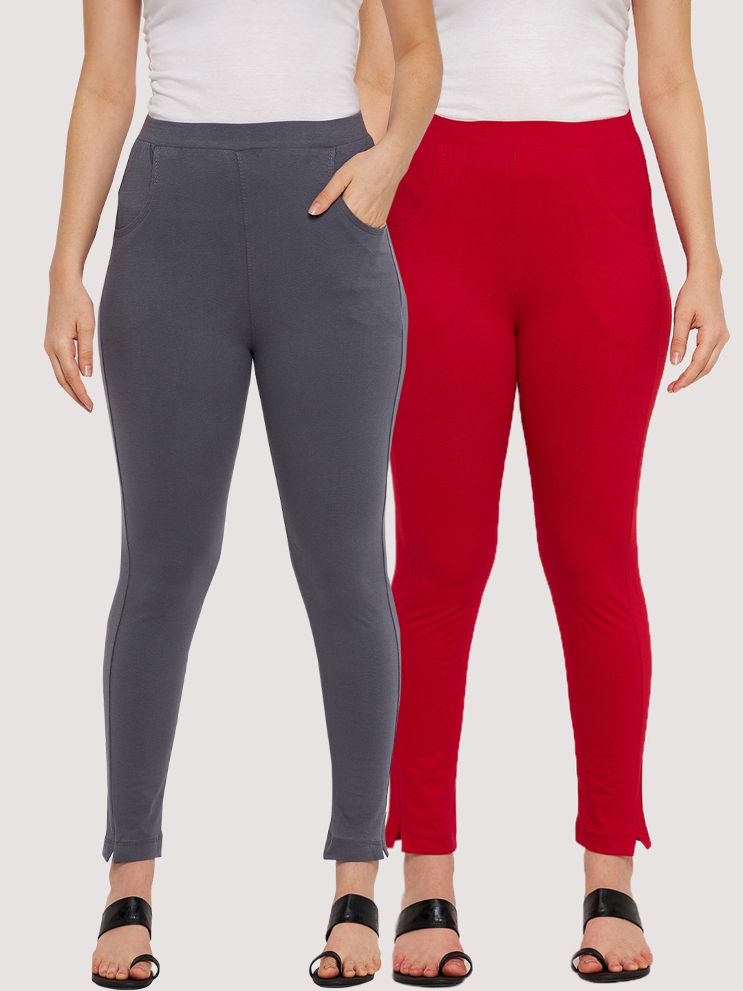 

Clora Creation Women Pack of 2 Red & Grey Solid Ankle Length Leggings