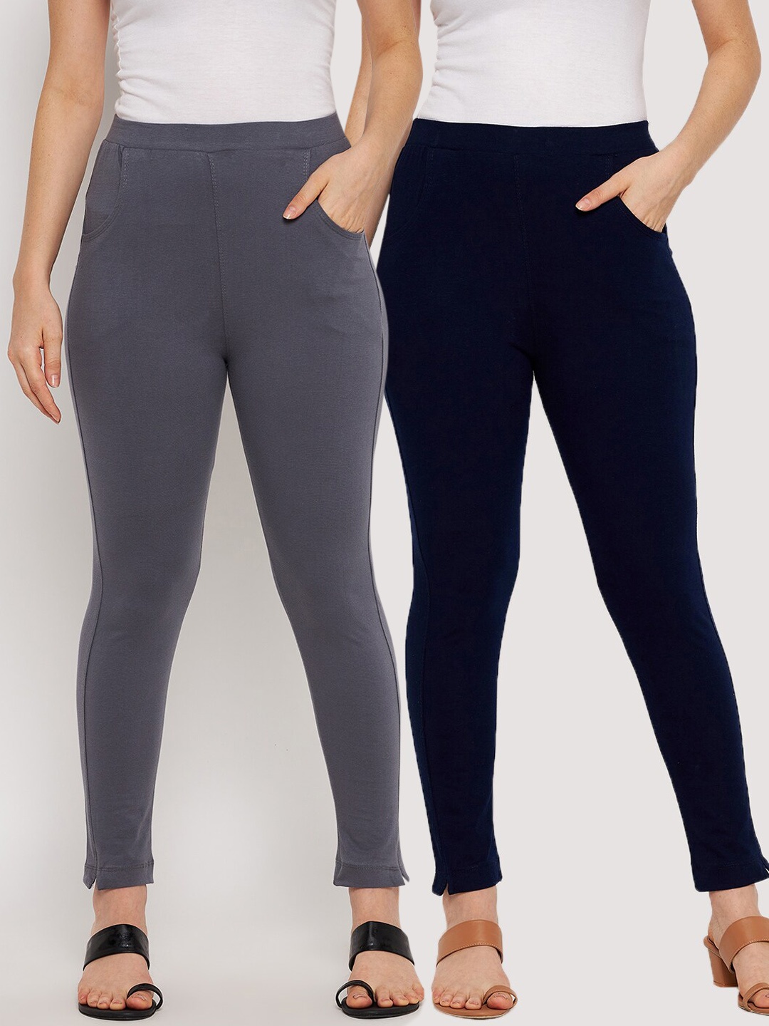 

Clora Creation Women Pack Of 2 Solid Cotton Ankle-Length Leggings, Grey
