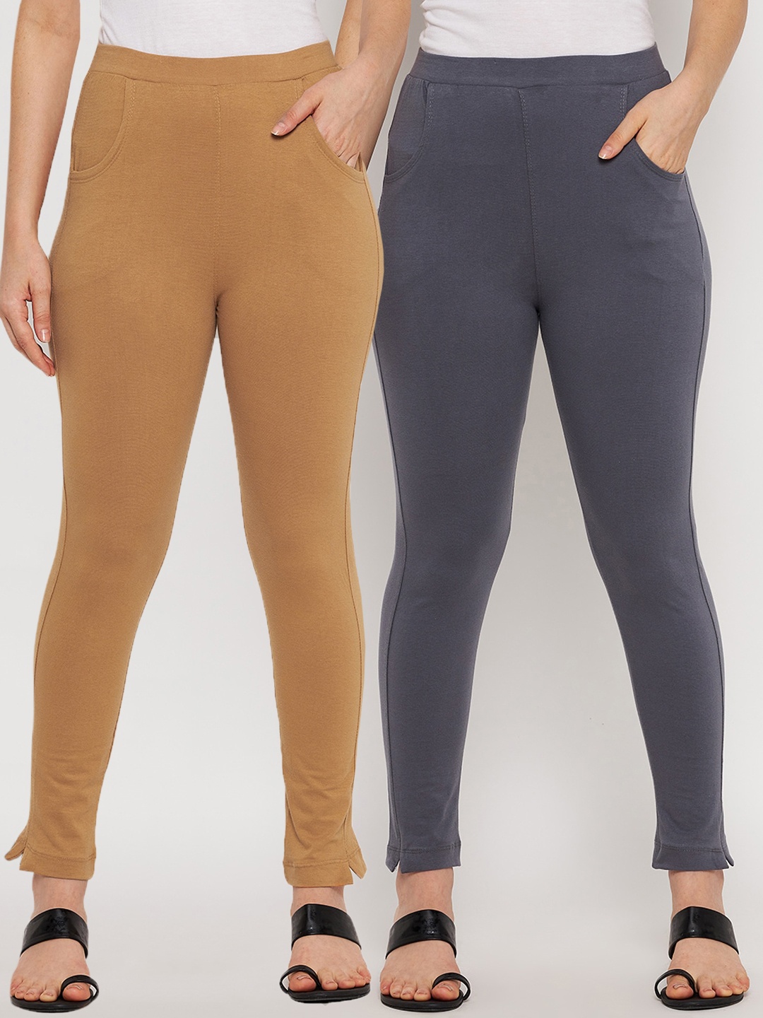 

Clora Creation Women Set Of 2 Grey and Camel Brown Solid Pure Cotton Ankle Length Leggings