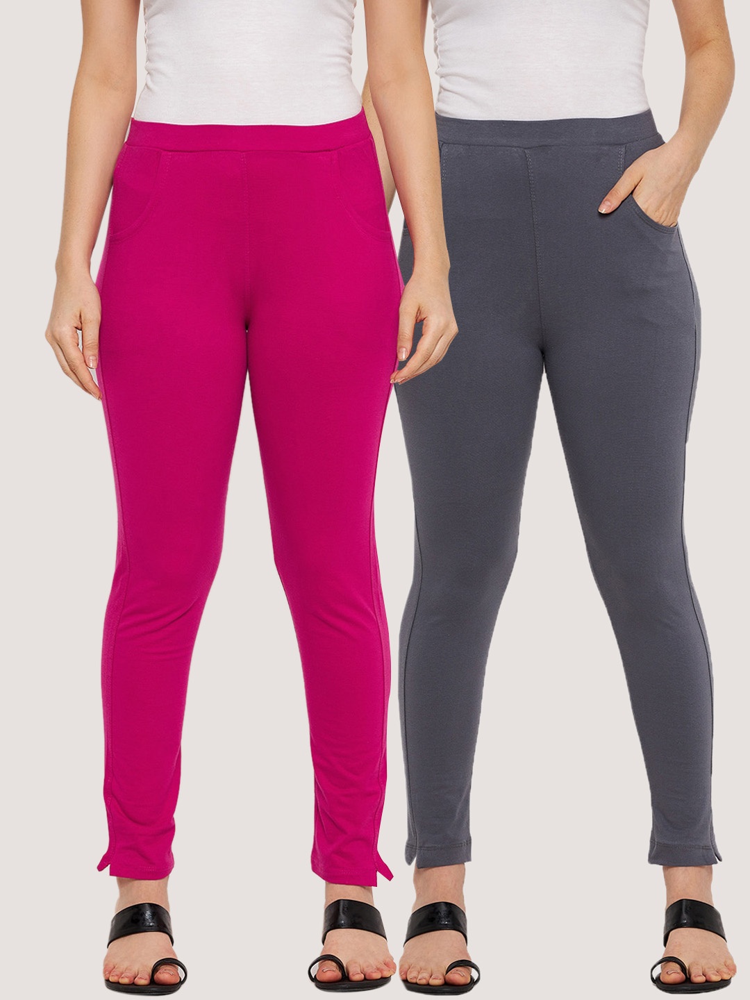 

Clora Creation Women Pack Of 2 Pink and Grey Solid Cotton Ankle-Length Leggings