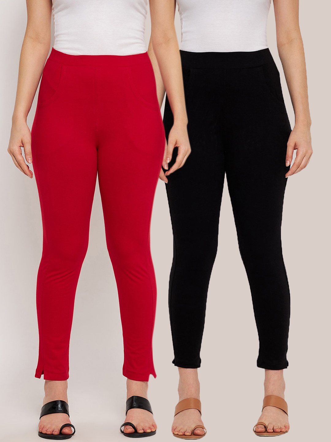 

Clora Creation Women Pack Of 2 Red & Black Solid Ankle-Length Pure Cotton Leggings