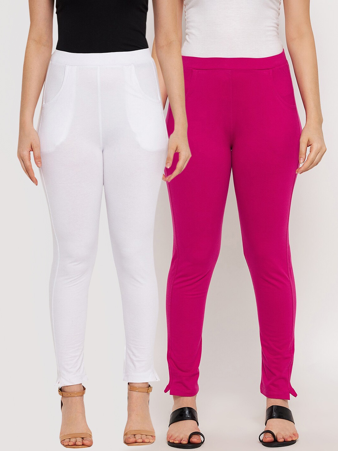 

Clora Creation Women Pack Of 2 White & Pink Solid Cotton Ankle-Length Leggings