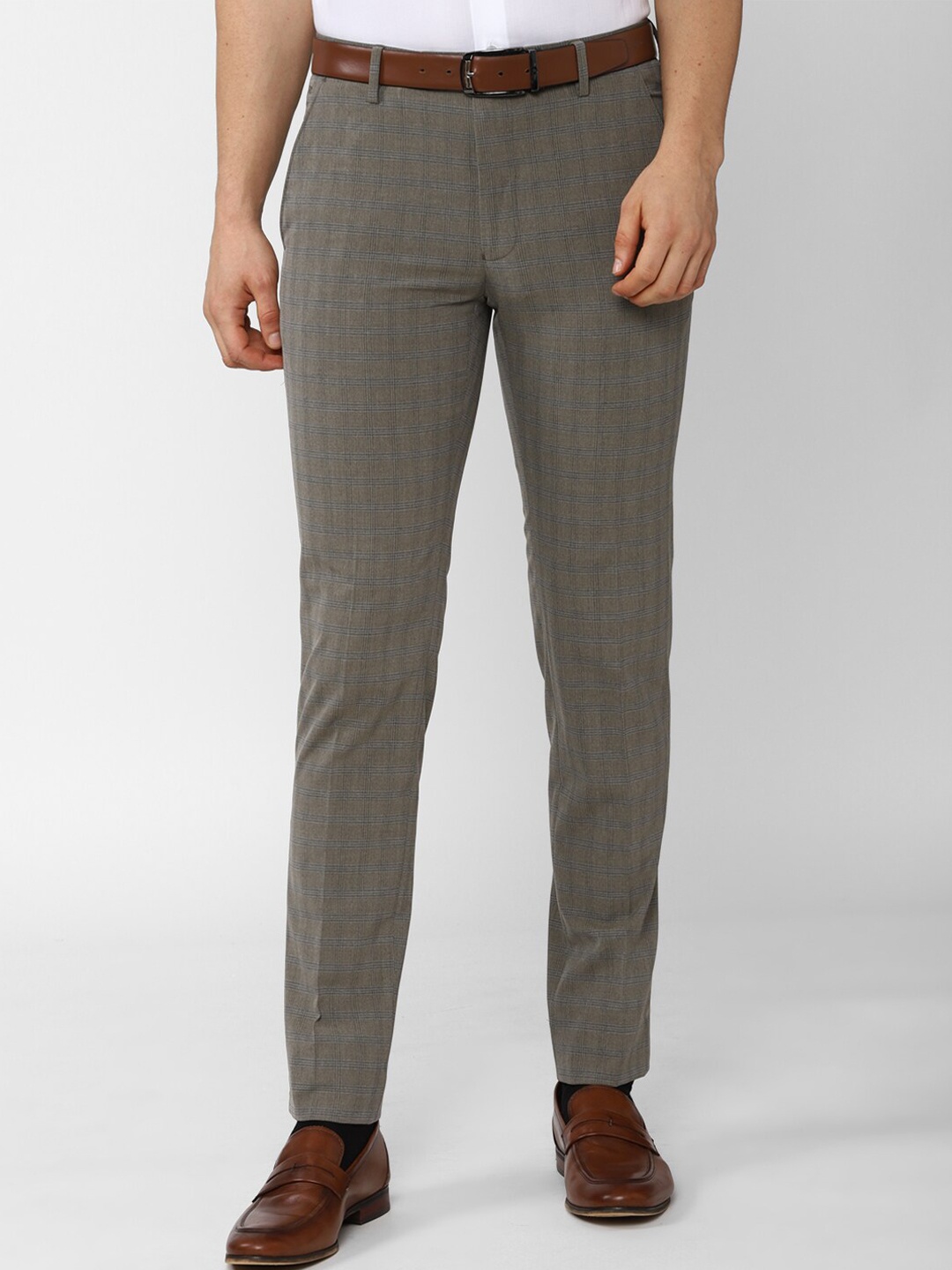 

Peter England Men Grey Checked Slim Fit Trousers