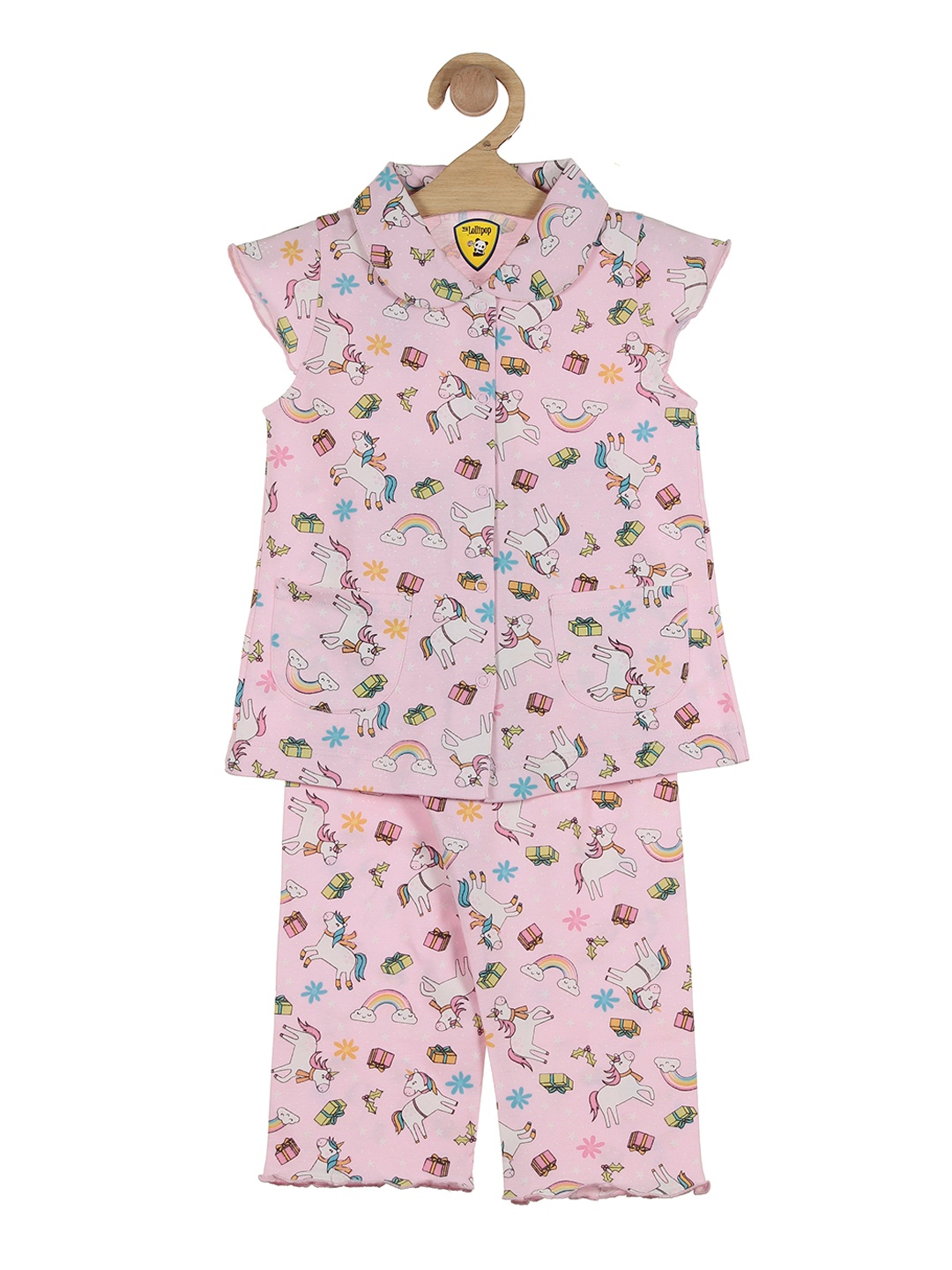 

Lil Lollipop Girls Pink & Yellow Printed Cotton Night suit
