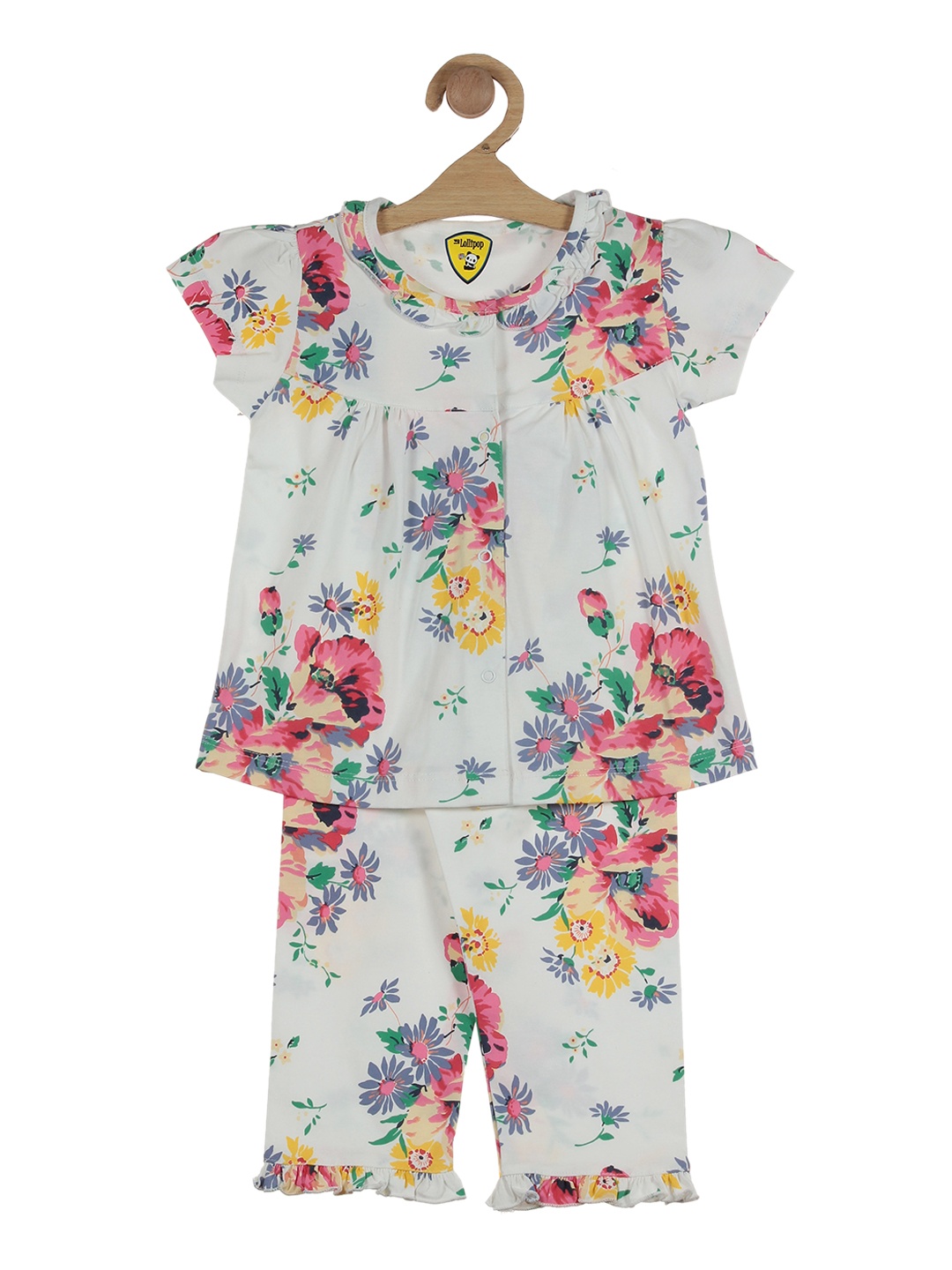 

Lil Lollipop Girls White Floral Printed Cotton Night suit