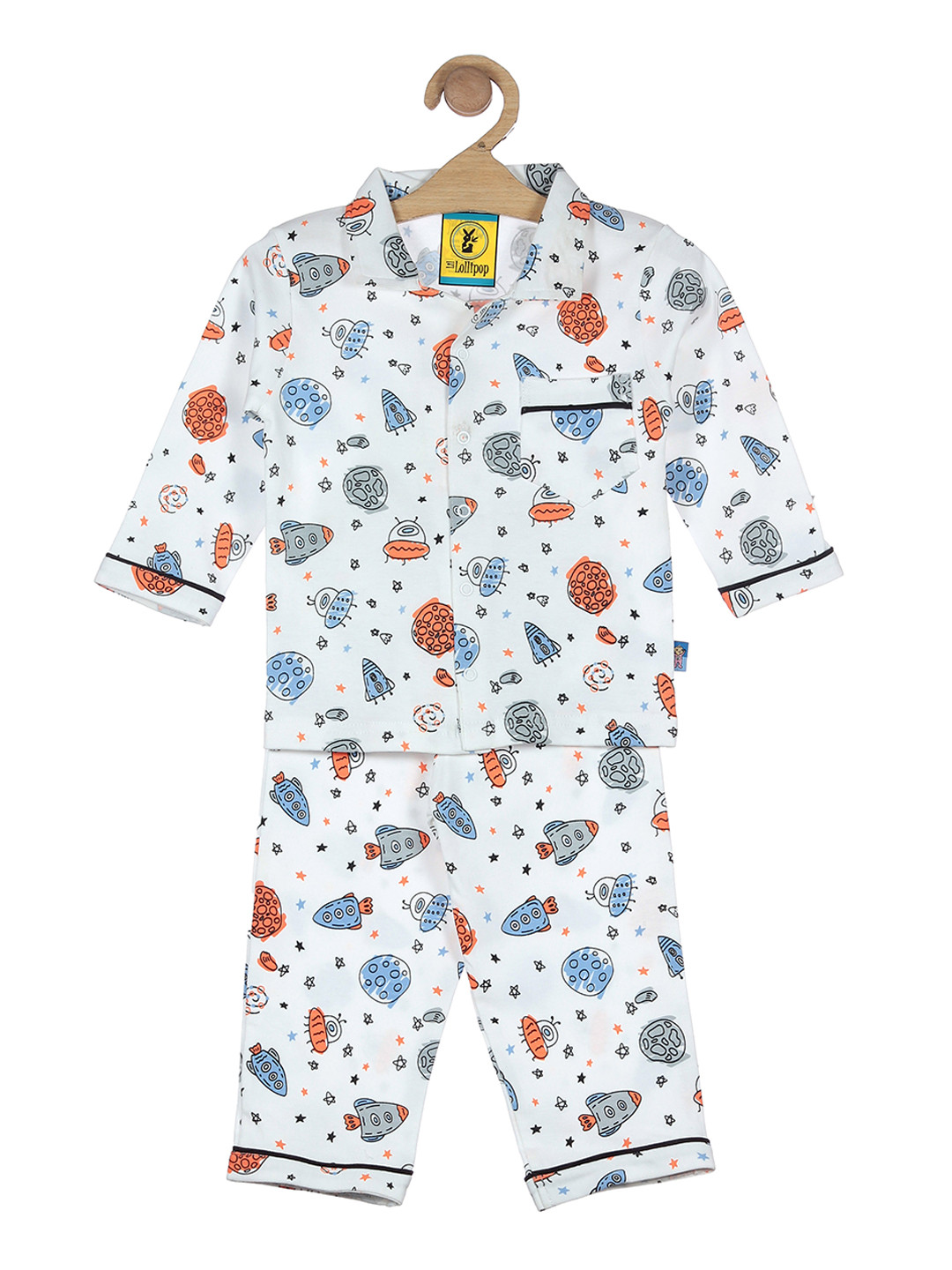 

Lil Lollipop Unisex Kids White & Blue Printed Pure Cotton Night suit