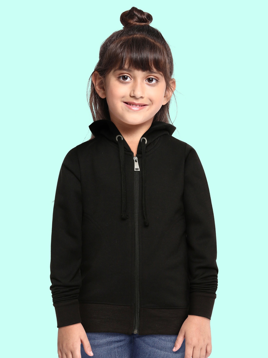 

ADBUCKS Girls Black Solid Cotton Hooded Sweatshirt