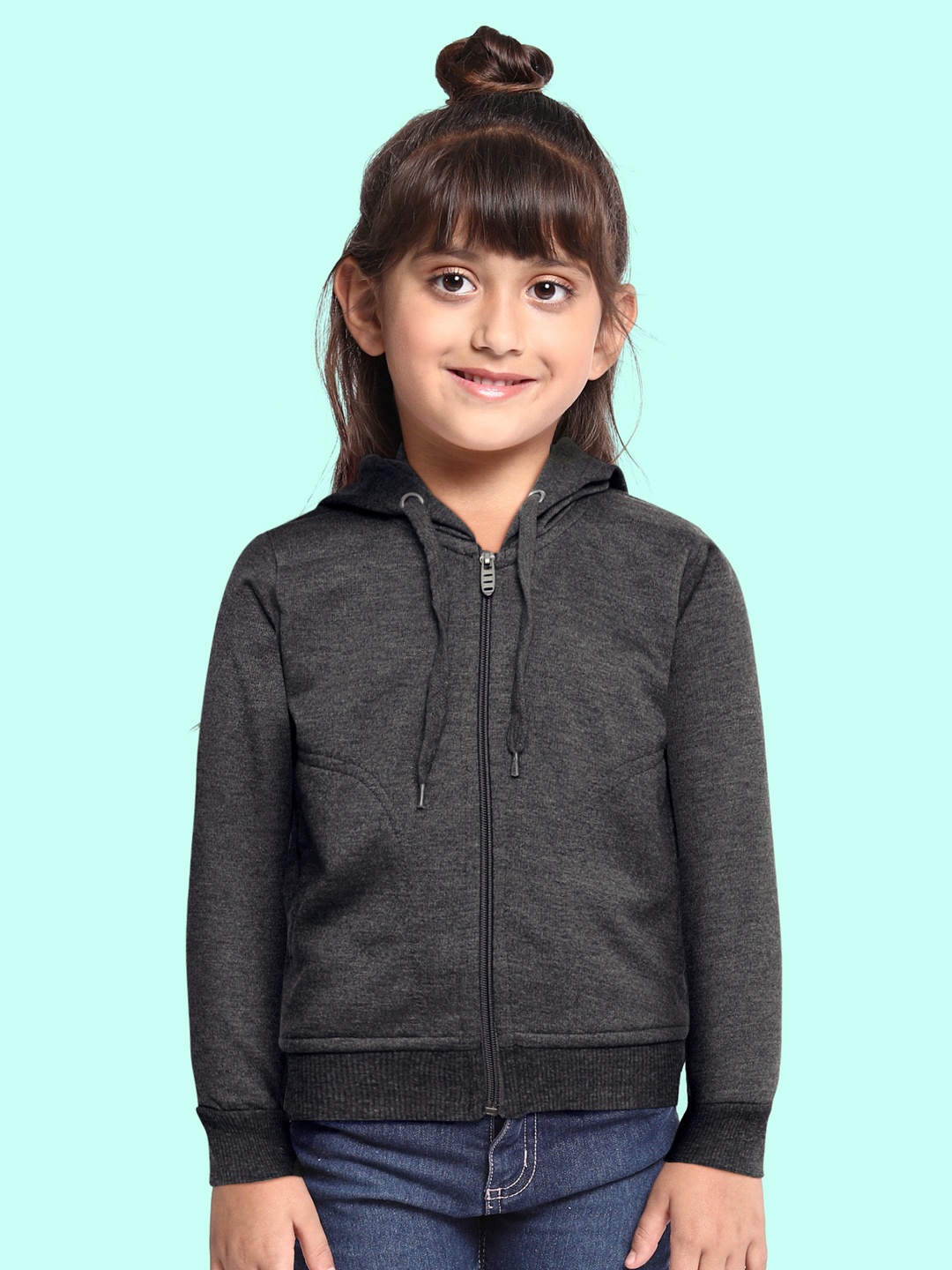 

ADBUCKS Girls Charcoal Grey Solid Cotton Hooded Sweatshirt