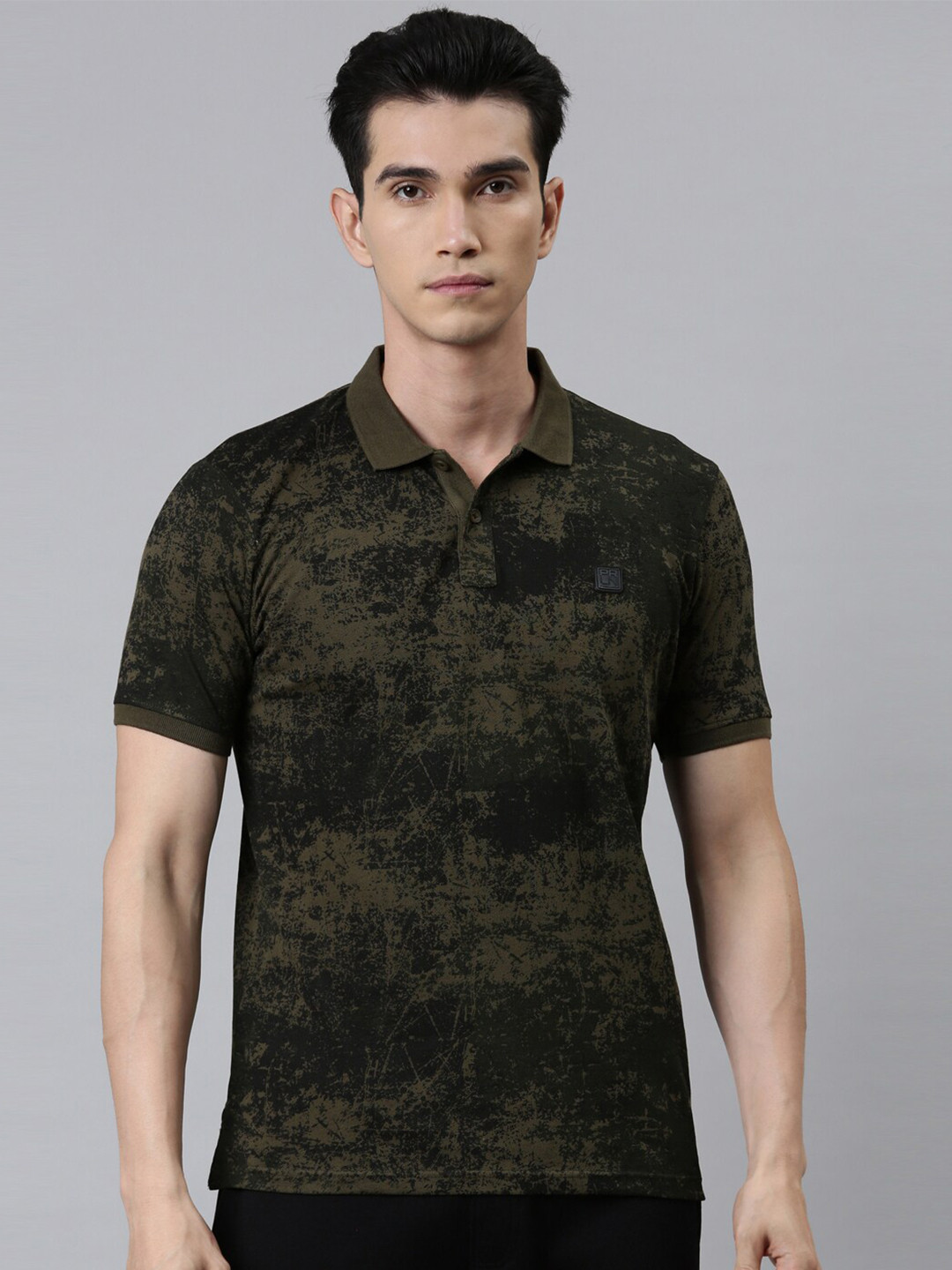 

Proline Active Men Olive Green & Black Printed Polo Collar Organic Cotton T-shirt