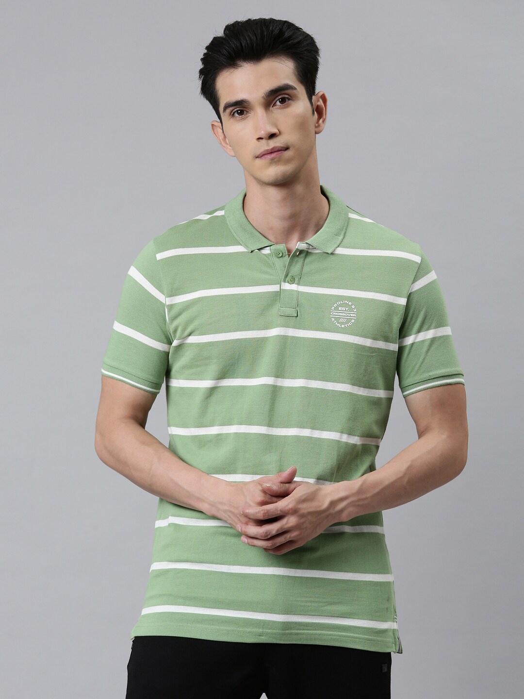 Proline Active Men Green Striped Polo Collar T-shirt
