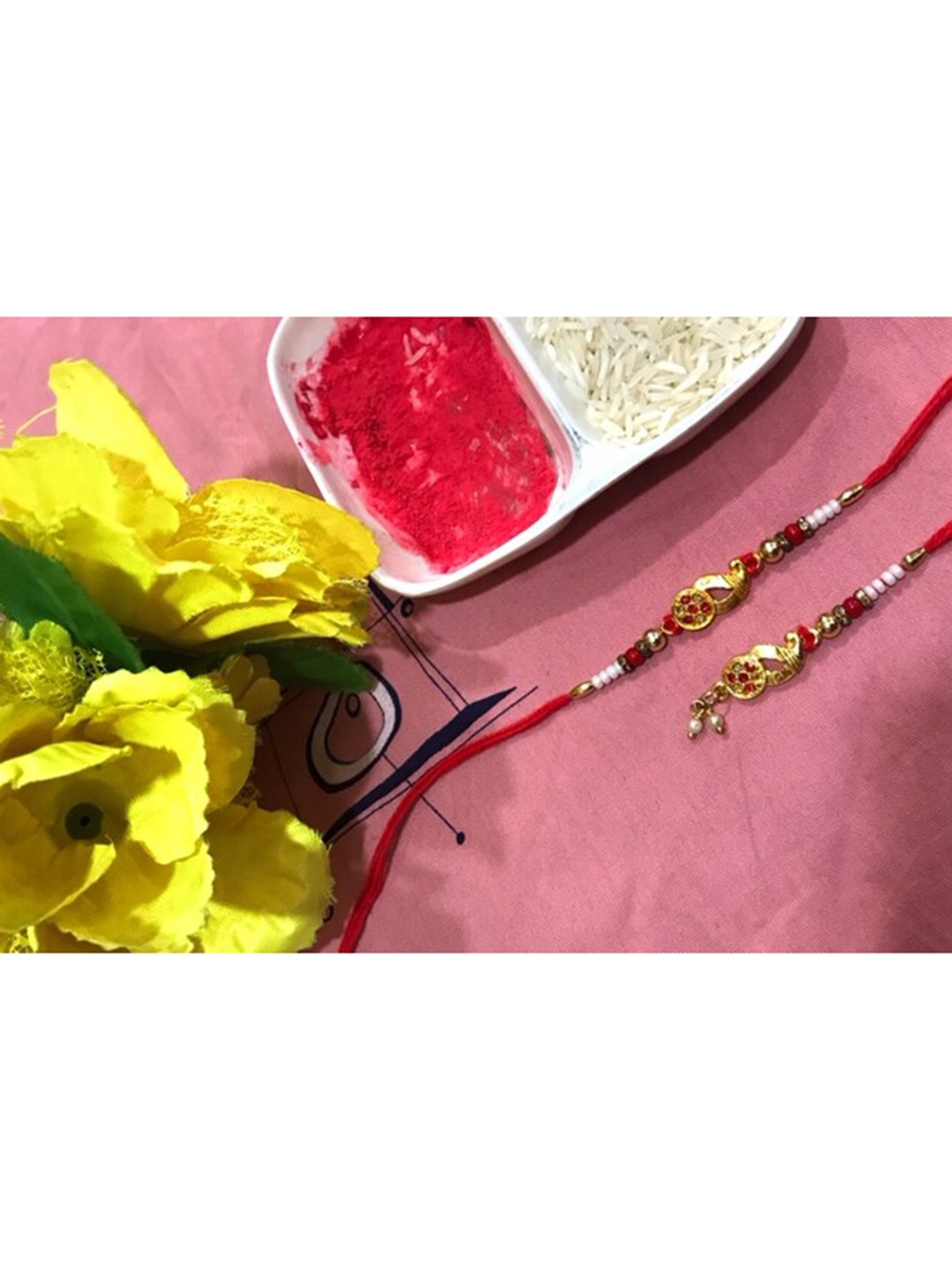 

MORKANTH JEWELLERY Red and Gold Bhai Bhabhi Rakhi Combo
