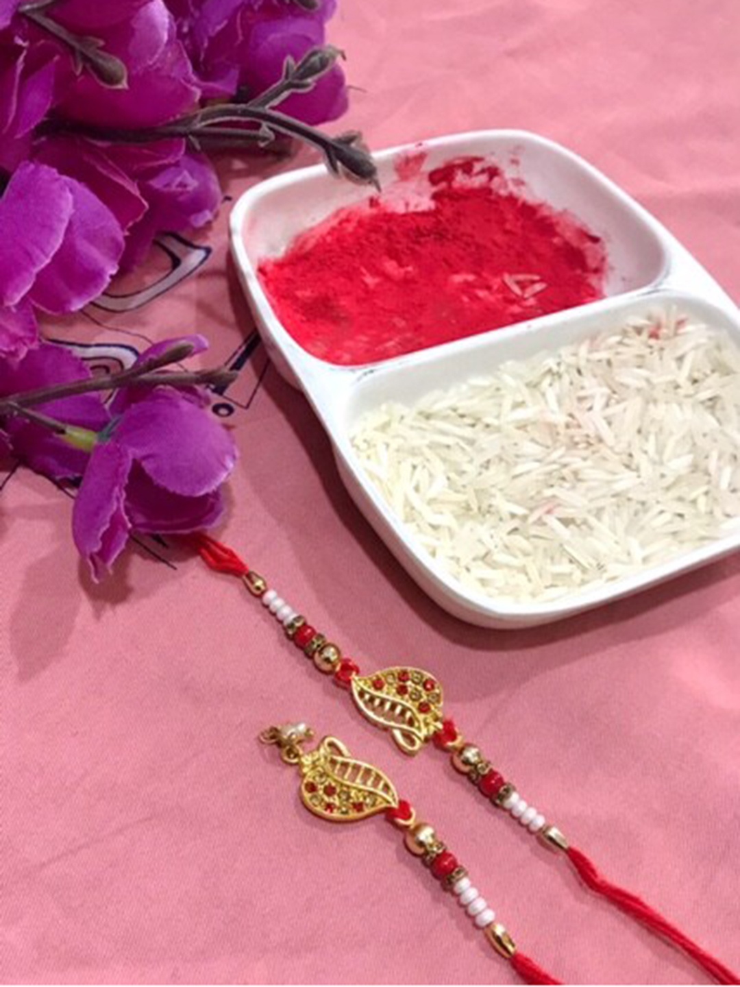 

MORKANTH JEWELLERY Red and Gold Bhai Bhabhi Rakhi Combo