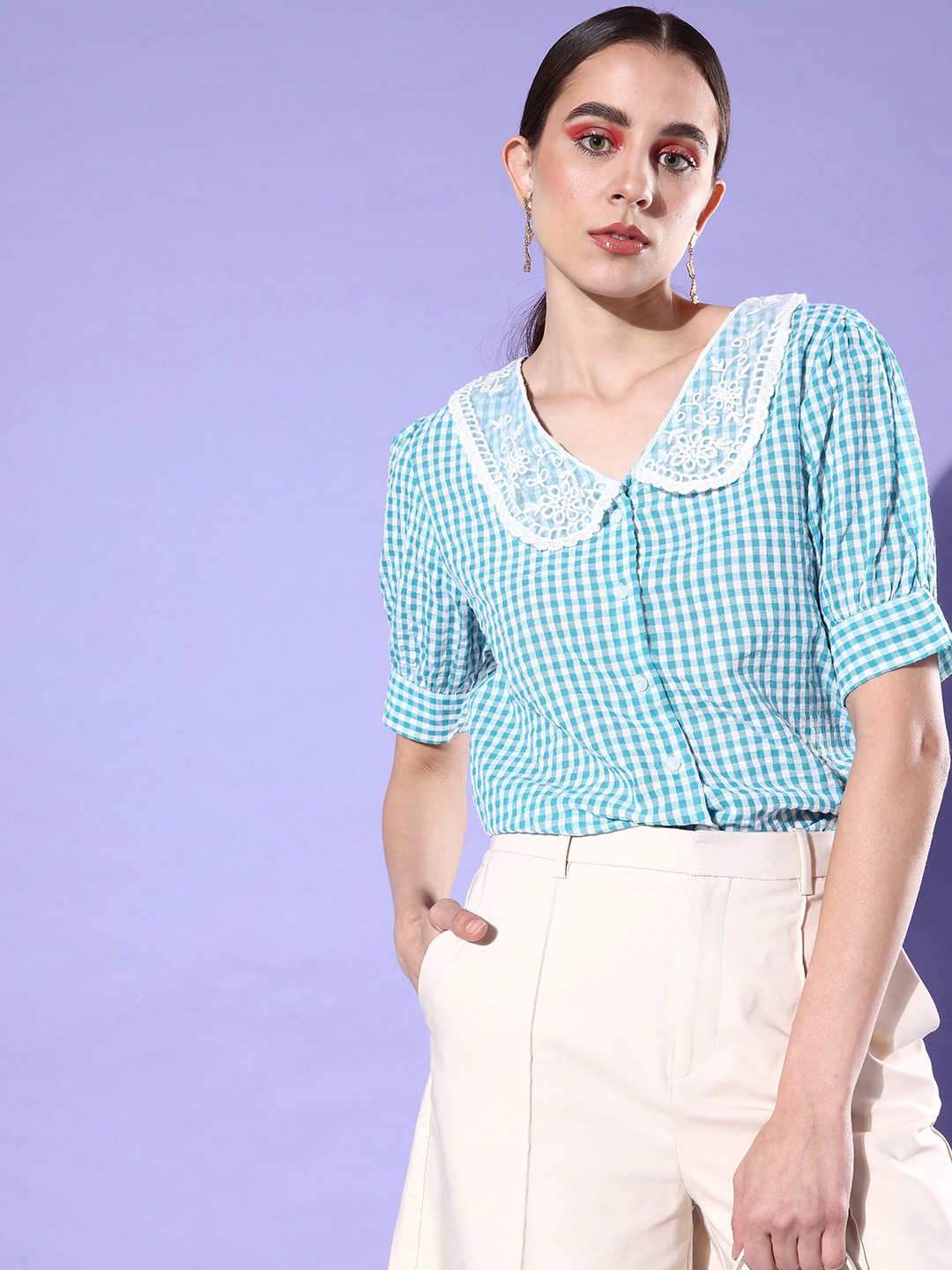 

Moda Rapido Turquoise Blue & White Checked Peter Pan Collar Lace Inserts Shirt Style Top