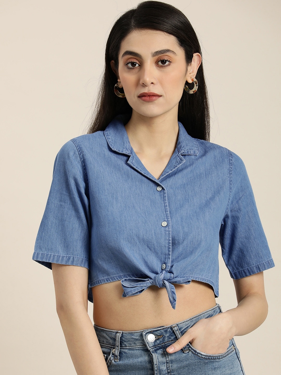 

Moda Rapido Pure Cotton Shirt Style Crop Top, Blue