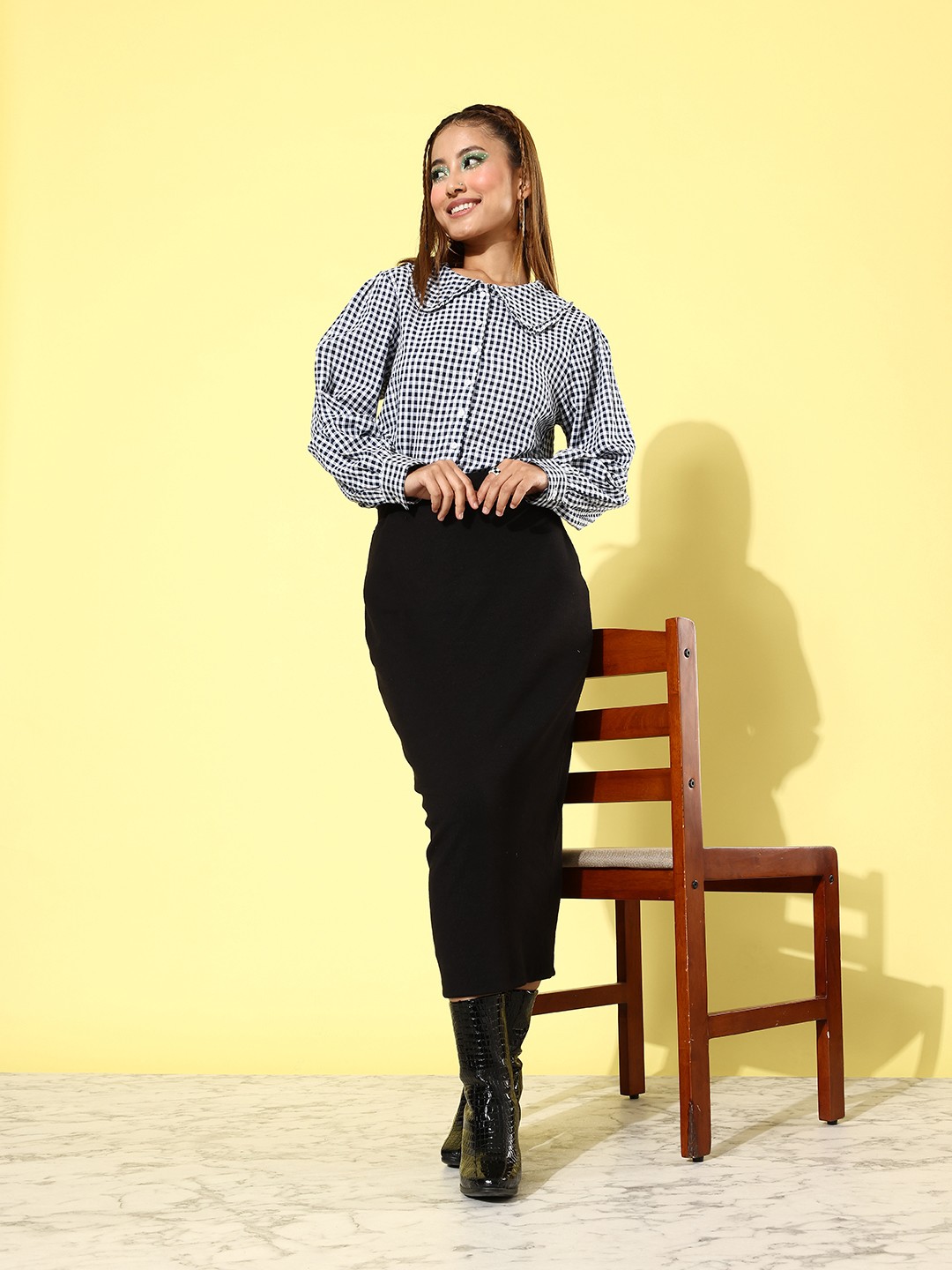 

Moda Rapido Checked Peter Pan Collar Shirt Style Top, Navy blue