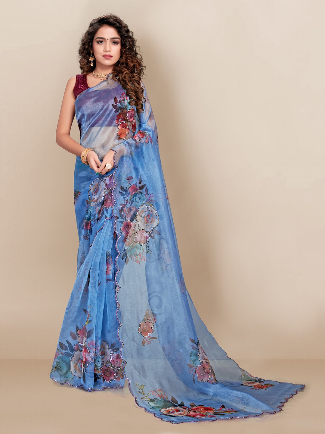 

VAIRAGEE Blue & Red Floral Sequinned Organza Saree