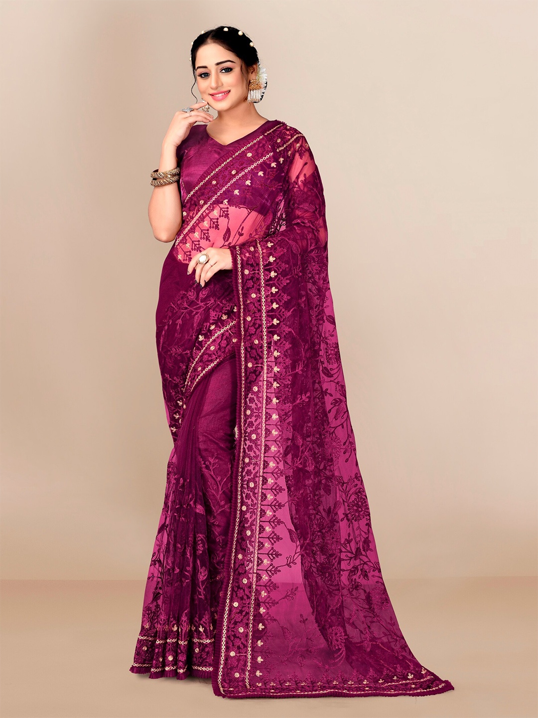 

VAIRAGEE Magenta Floral Embroidered Net Saree