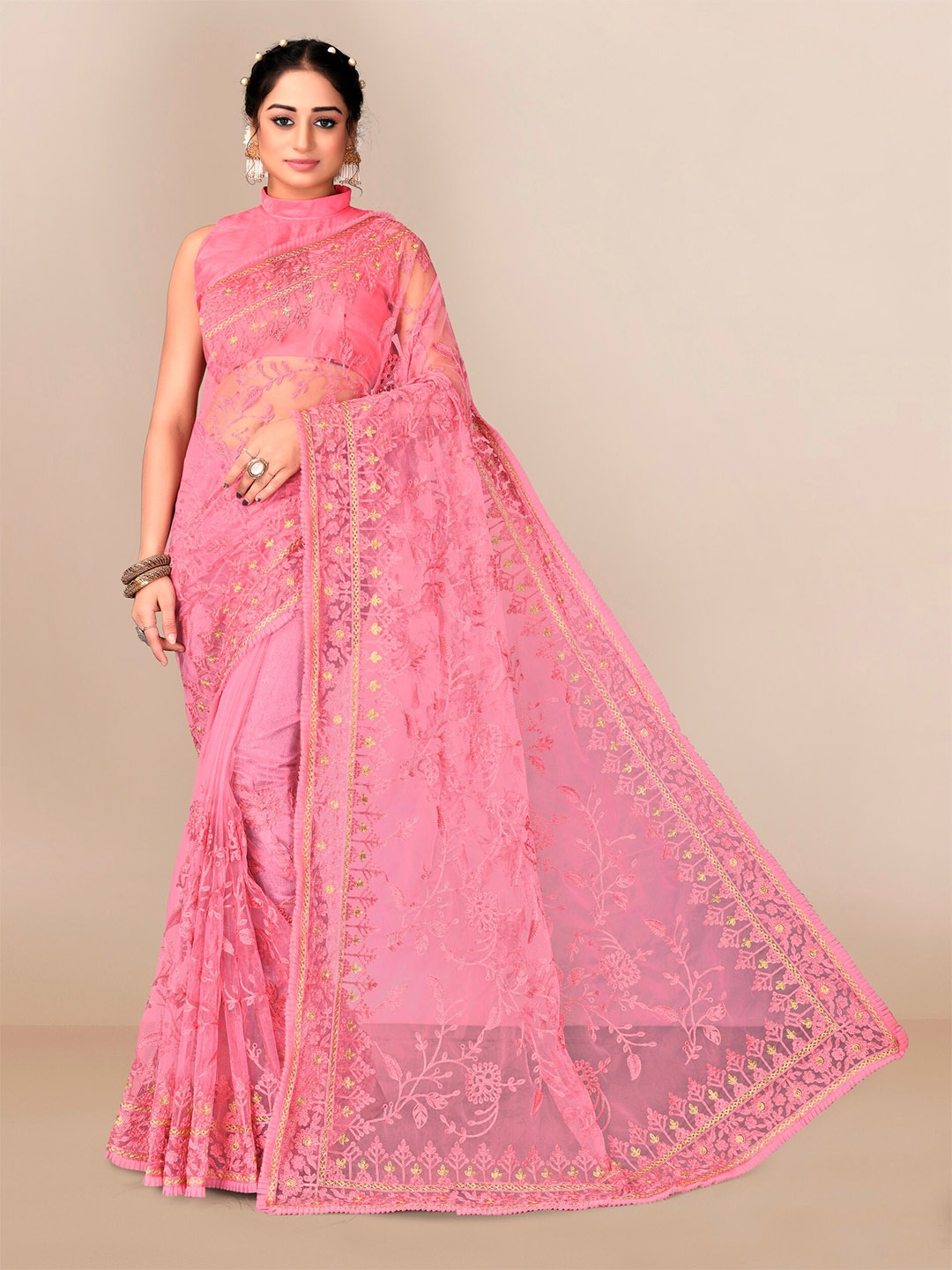 

VAIRAGEE Pink Floral Embroidered Net Saree