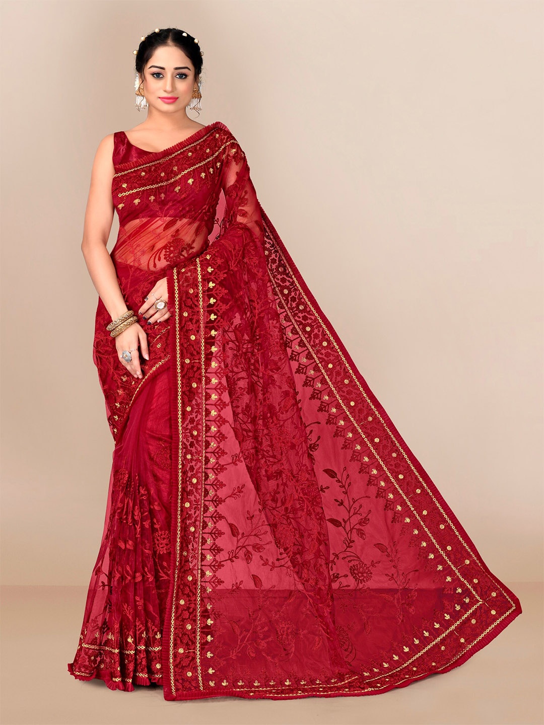 

VAIRAGEE Red Floral Embroidered Net Saree