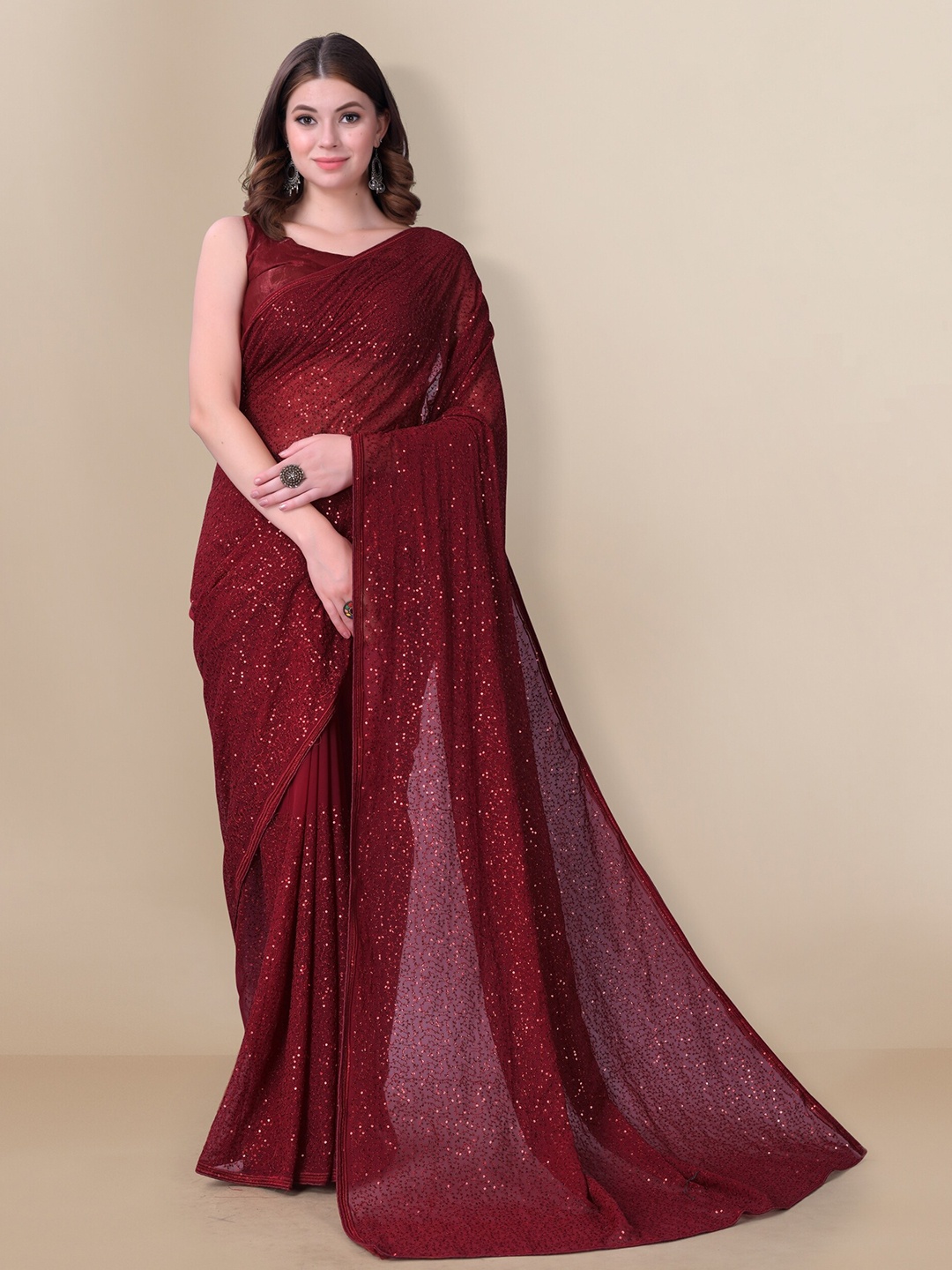 

VAIRAGEE Women Maroon Embellished Sequinned Georgette Saree