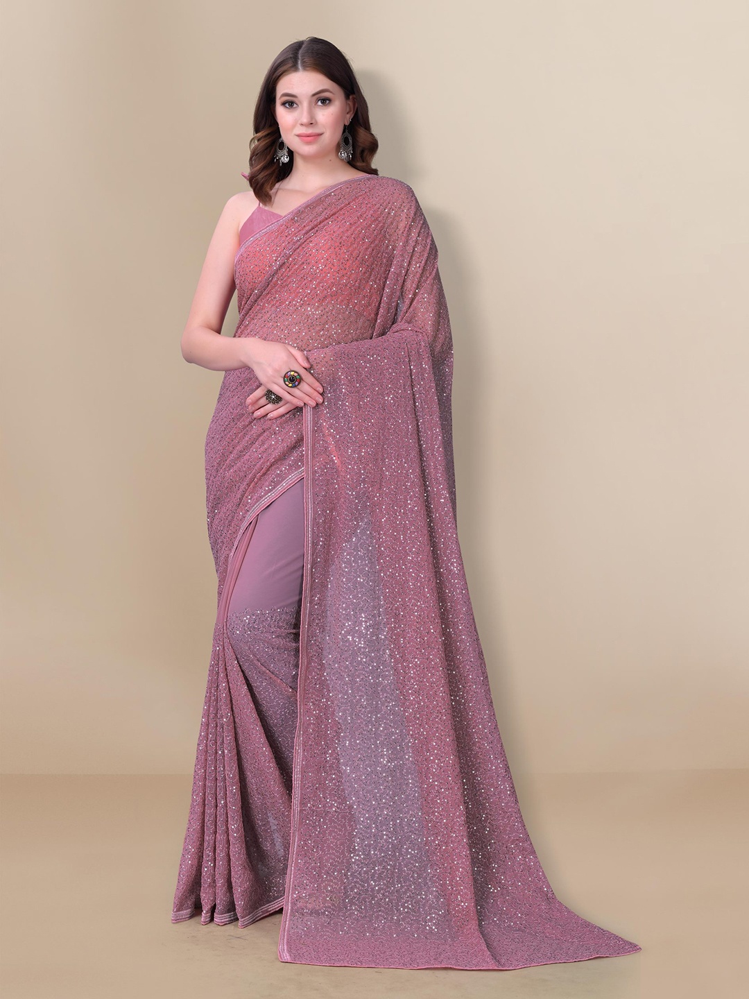 

VAIRAGEE Pink Embellished Sequinned Georgette Saree