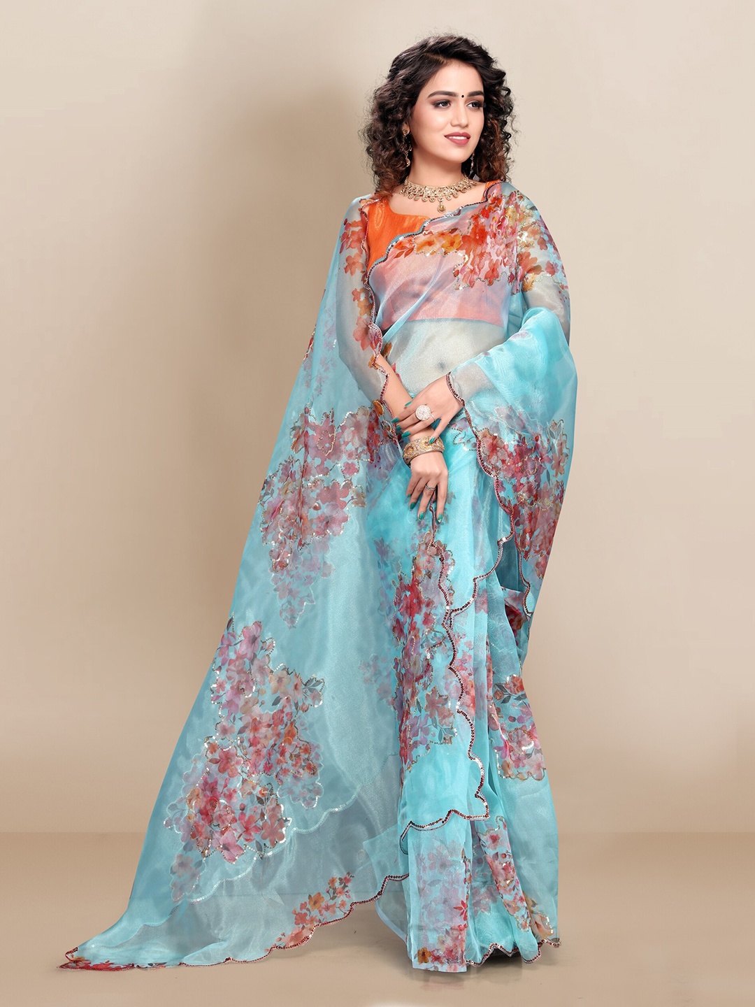 

VAIRAGEE Turquoise Blue & Orange Floral Sequinned Organza Saree