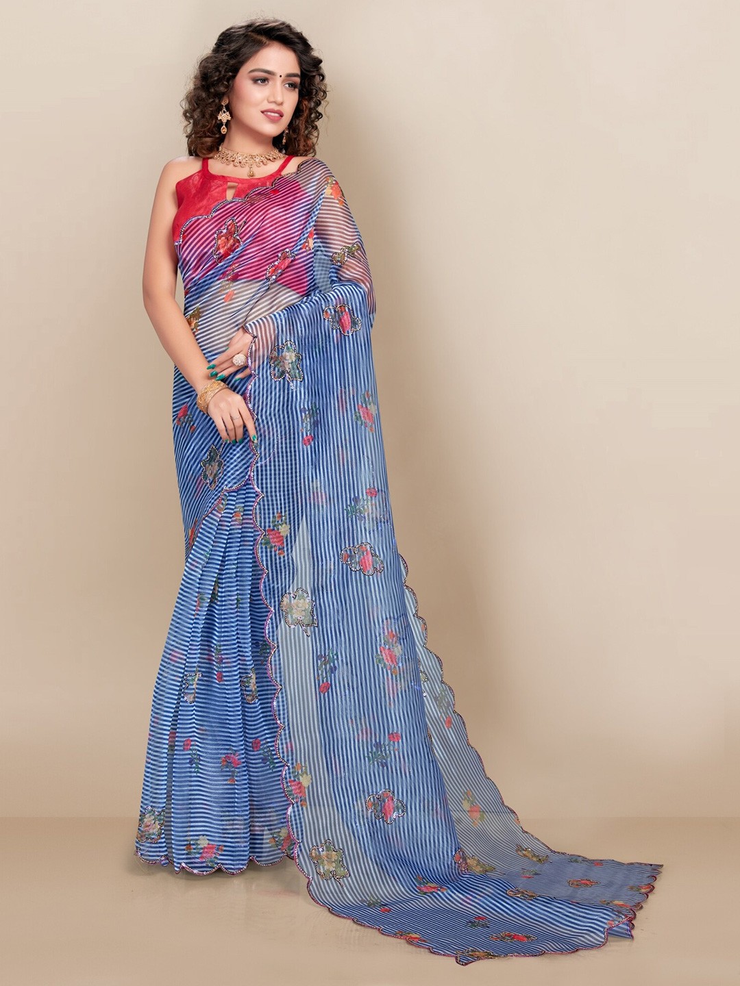 

VAIRAGEE Blue & Red Floral Sequinned Organza Saree