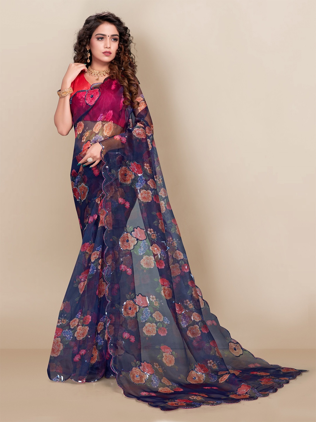 

VAIRAGEE Women Blue & Pink Floral Sequined Organza Saree