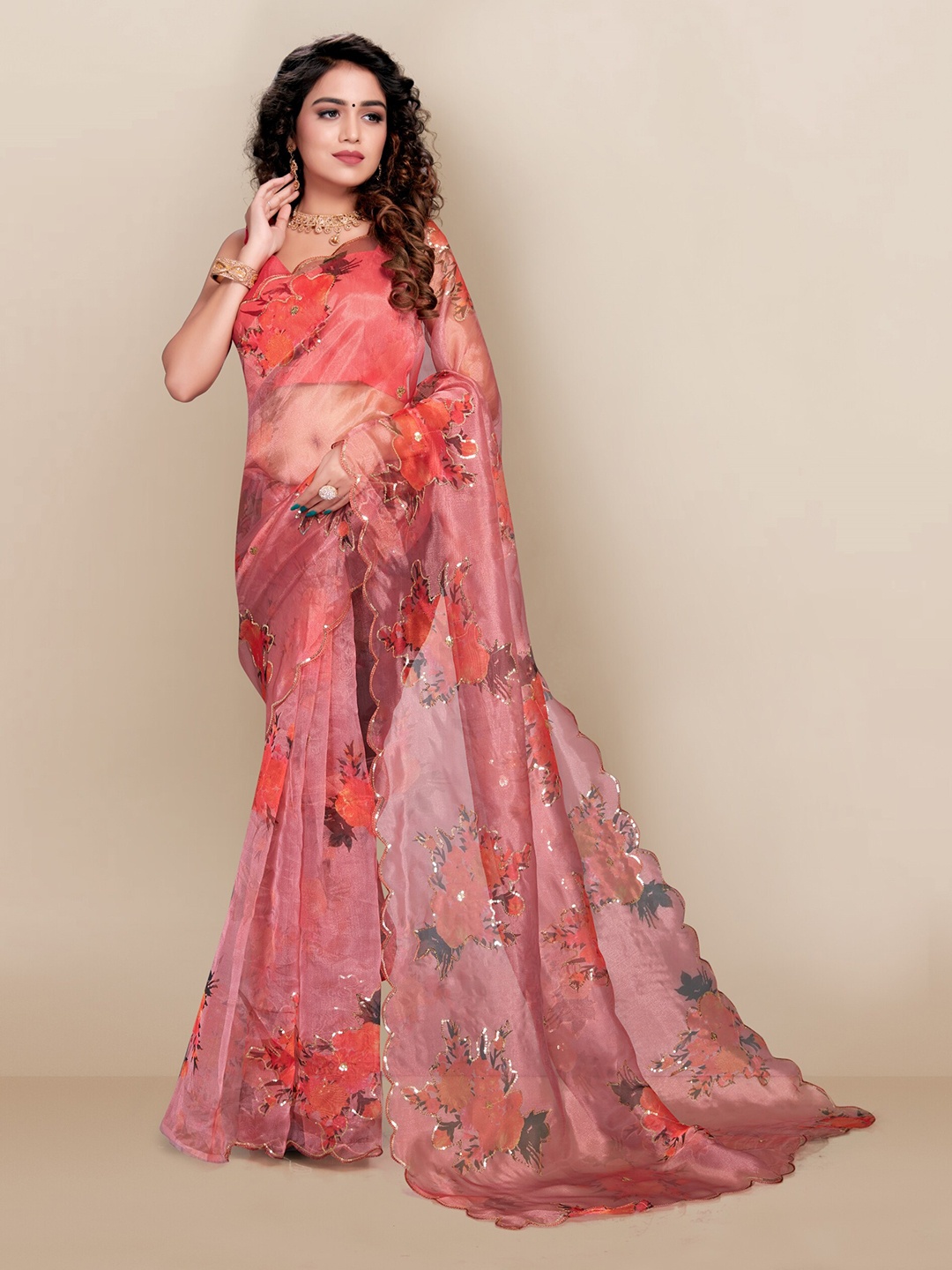 

VAIRAGEE Peach-Coloured & Coral Floral Sequinned Organza Saree