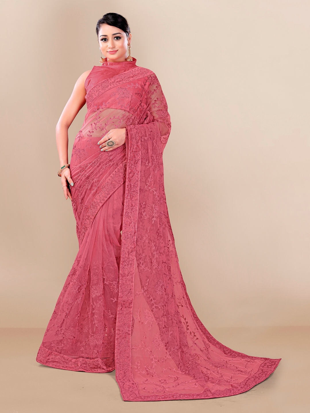 

VAIRAGEE Pink Floral Embroidered Net Saree