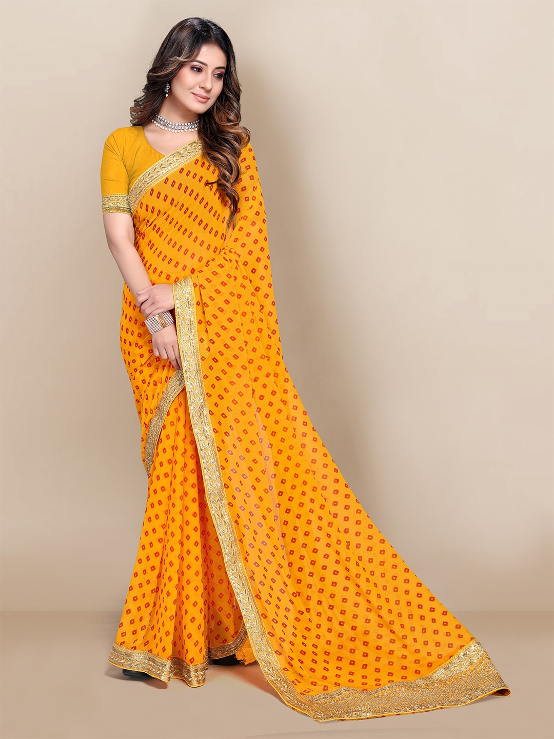 

VAIRAGEE Yellow & Red Sequinned Organza Saree