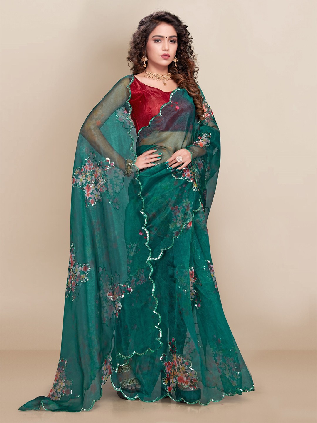 

VAIRAGEE Green & Red Floral Sequinned Organza Saree