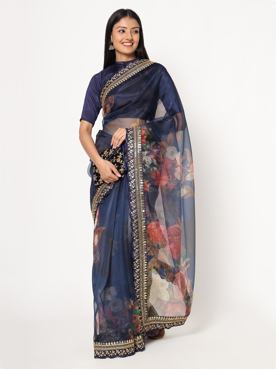 

VAIRAGEE Blue & Green Floral Organza Saree