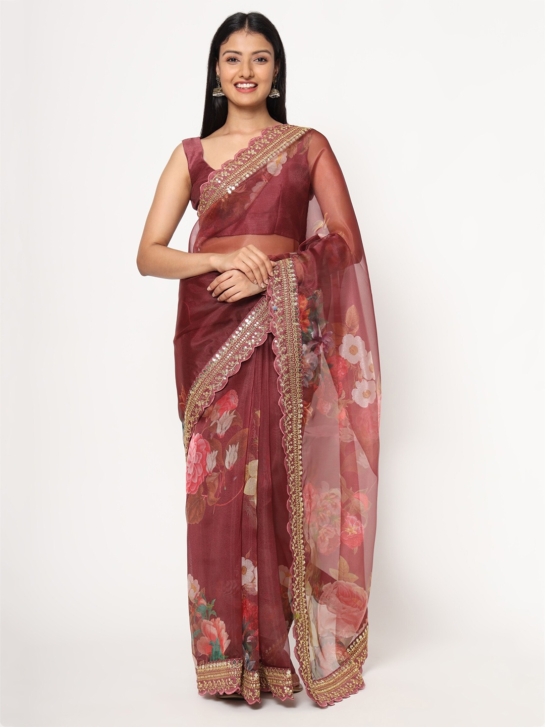 

VAIRAGEE Maroon & Green Floral Organza Saree