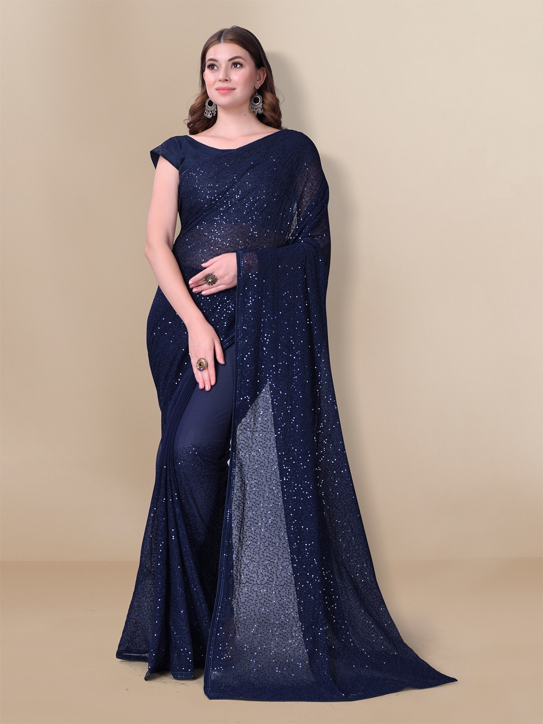 

VAIRAGEE Navy Blue Embellished Sequinned Saree