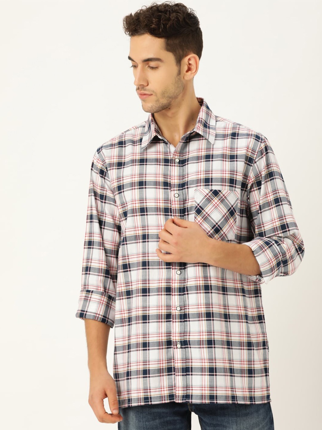 

STROP Men White Regular Fit Tartan Checked Cotton Casual Shirt