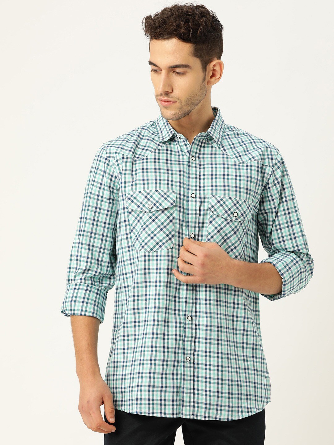

STROP Men White & Green Tartan Checked Casual Shirt