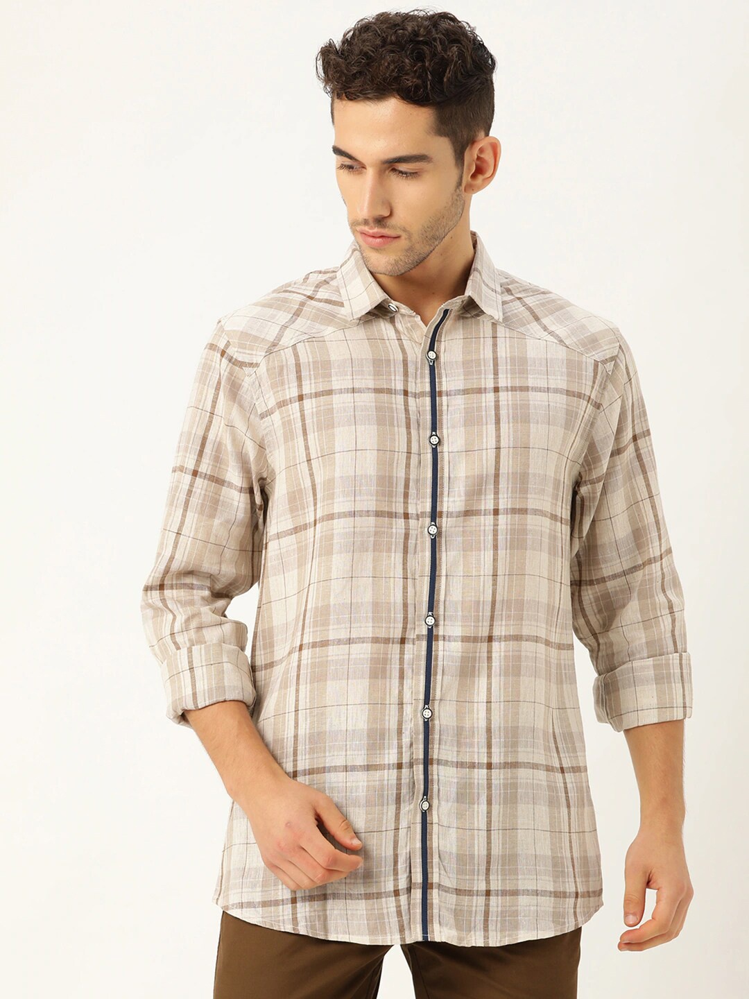 

STROP Men Beige Tartan Checks Checked Casual Shirt