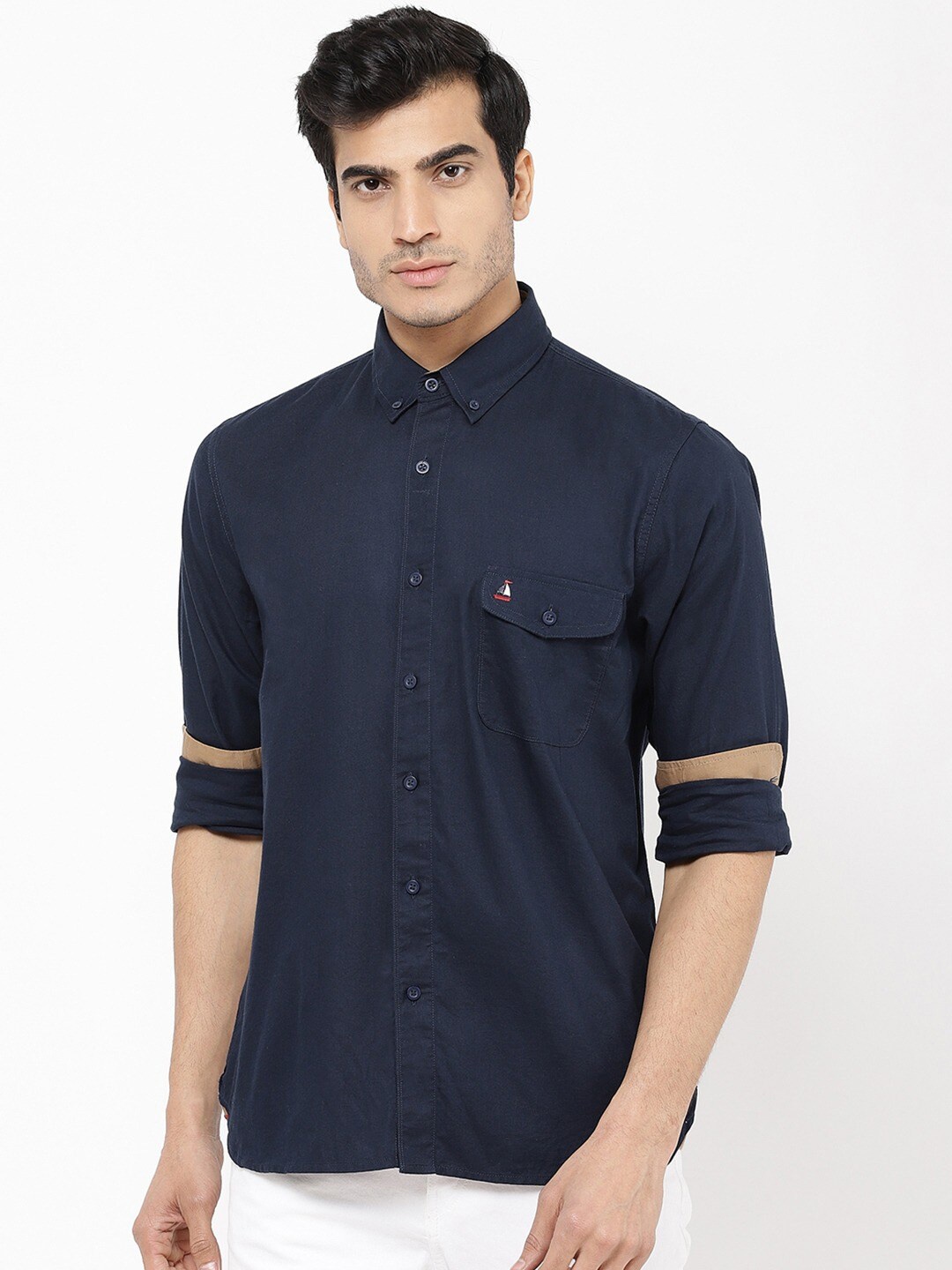 

STROP Men Navy Blue Solid Button Down Collar Casual Shirt