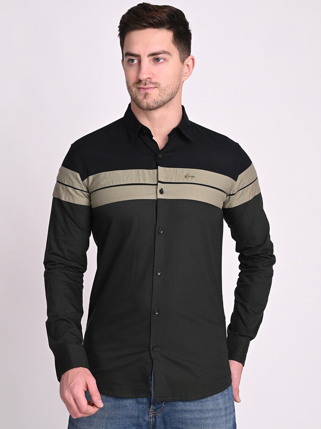 

STROP Men Black and Green Horizontal Stripes Striped Casual Shirt