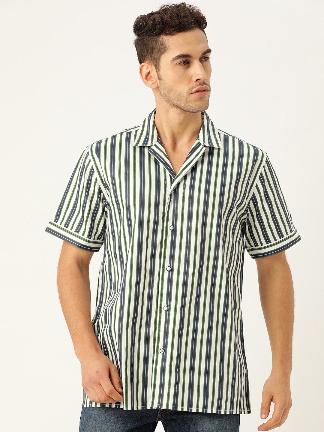 

STROP Men White Striped Cotton Casual Shirt