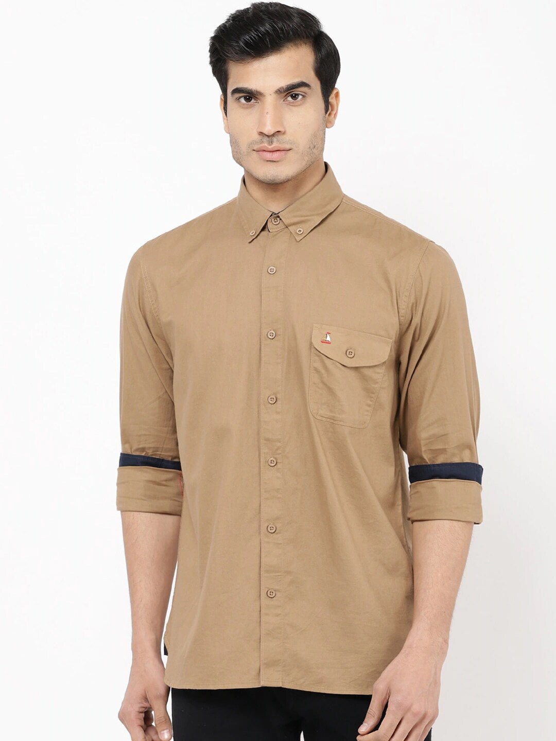 

STROP Men Brown Solid Button Down Collar Casual Shirt