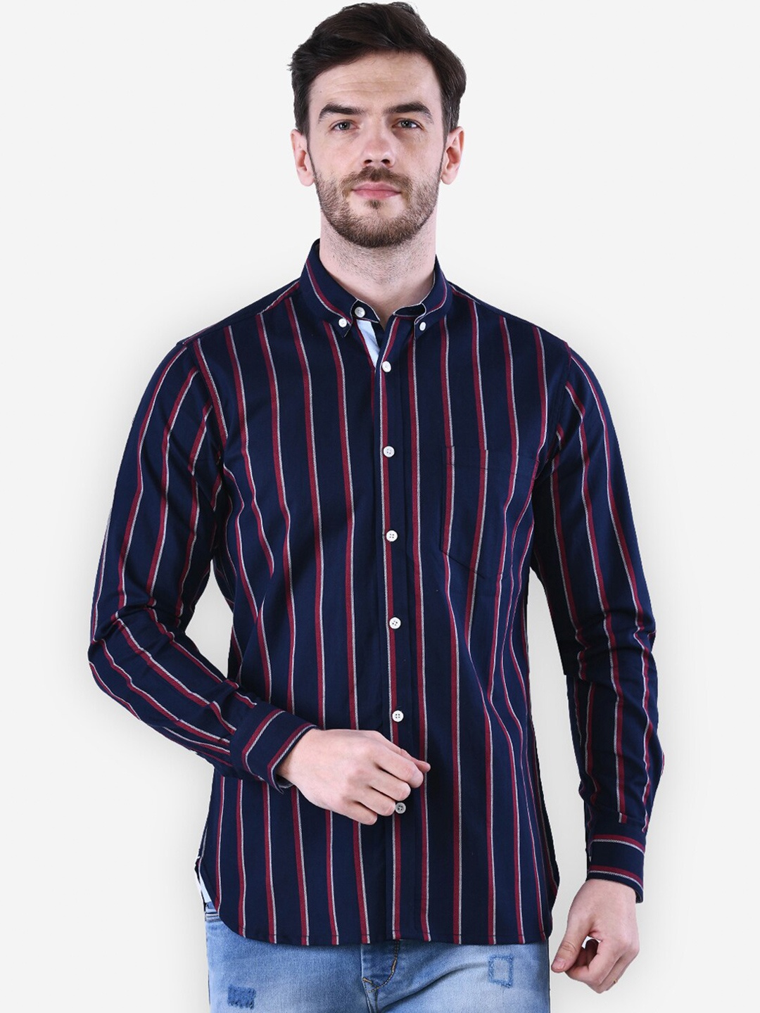 

STROP Men Navy Blue Striped Cotton Casual Shirt